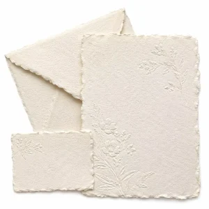 Custom Handmade Deckled Edge Ivory Cotton Paper Wedding Invitations Rustic Boho Letterpress Floral Embossed RSVP Envelope Suite