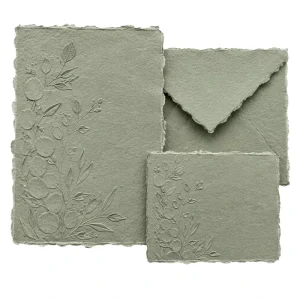 Custom Handmade Deckled Edge Sage Green Cotton Paper Wedding Invitations Rustic Boho Letterpress Floral Embossed Envelope Suite