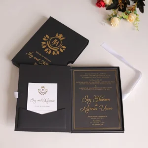 Custom Handmade Elegant Black and Gold Foil Thermal Transfer Printed Monogram Luxury Paper Wedding Hardcover Invitation Box