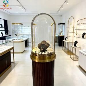 Custom Heavy Duty Jewelry Pedestal Counter with LED Lighting Gold Metal Base for Luxury Retail Mall Store Interior Display
