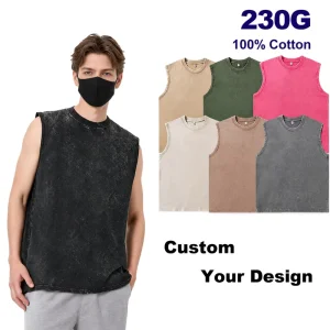 Custom High Quality 230G 100% Cotton Breathable Washed American Retro Casual Loose Fit Sleeveless Designer Men’s Tank Top