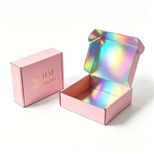 Custom Holographic Shipping Boxes Beauty Products Packaging with Pink Exterior and Gold Foil Stamping Logo for Cosmetics Pack
