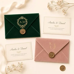 Custom Hot Foil Stamping Velvet Envelope Card and Die Cut Sticker Set for Premium Corporate Event and Wedding Invitation