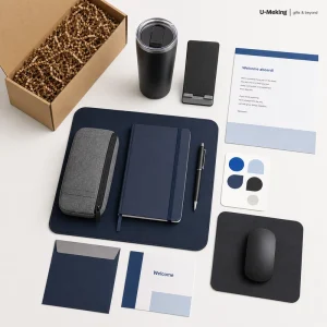 Custom Hybrid Work Desk Onboarding Kit With Desk Mat Notebook Cable Pouch Phone Stand For New Employee Welcome Mailer Sets