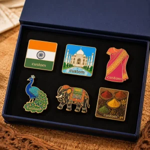 Custom Indian Enamel Pin Gift Box Ashoka Chakra Peacock Sari Spice Metal Lapel Pin Tourist Souvenir Badge Set
