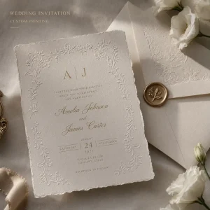Custom Ivory Embossed Floral Wedding Invitation Vintage Baroque Border Print with Gold Foil Monogram