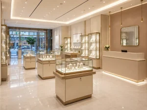 Custom Jewelry Store Fixtures LED Glass Display Cases Champagne Gold Metal Furniture Turnkey Shop Interior Solution Manufacturer