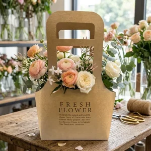 Custom Kraft Paper Flower Bag with Ribbon Handle for Wedding and Valentine’s Day Gifts