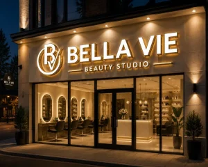 Custom LED Front Lit Channel Letters Gold Brushed Metal Side Signage for Beauty Salon Storefront Business Logo
