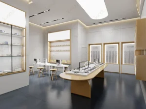 Custom LED Illuminated Eyewear Display Showcase Solid Wood Glass Cabinet Full Set for Optical Boutiques