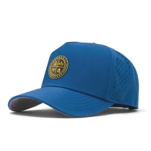 Custom Logo 5 Panel Adjustable Golf Baseball Cap Blue Fabric Laser Perforated Breathable Waterproof Quick Dry Rope American Flat