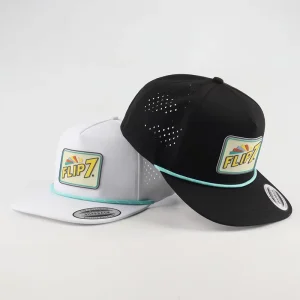 Custom Logo 5 Panel Flat Brim Laser Cut Perforated Golf Snapback Hat with Waterproof Rope Tropical Performance Design