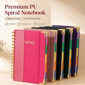 Custom Logo A5 Hardcover PU Spiral Bound Thick Paper Elastic Closure Tab Divider Planner Journal Office Gift Notebook