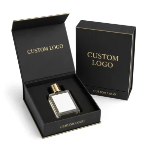 Custom Logo Black Gold Magnetic Box with Fitted Insert for Luxury Fragrance Brands Single Bottle Perfume Gift Packaging