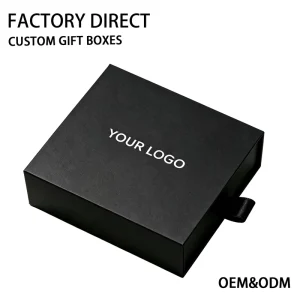Custom Logo Black Rigid Art Paper Portable Drawer Box Factory Direct Luxury Gift Packaging Box Ribbon Pull Insert