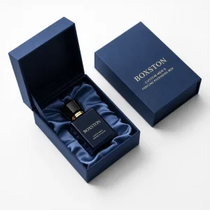 Custom Logo Black Rigid Cardboard Mens Perfume Packaging Box with Gold Foil and Satin Lining