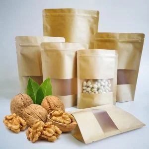 Custom Logo Brown White Kraft Paper Stand up Pouch Laminated Waterproof Self Sealing Bag with Clear Window Snack Food Nut Coffee
