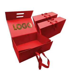 Custom Logo Embossed Rigid Luxury Cardboard Red Eco Friendly Gift Packaging Boxes with Magnetic Closure and Ribbon