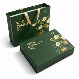 Custom Logo Magnetic Closure Sponge Lined Green Cardboard Gift Packaging Box Bag Set for Food Grade Wild Camellia Oil Tea