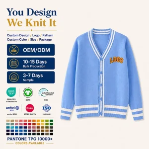 Custom Logo Men’s Jacquard Striped Knit Embroidered Varsity Cotton Cardigan Sweater