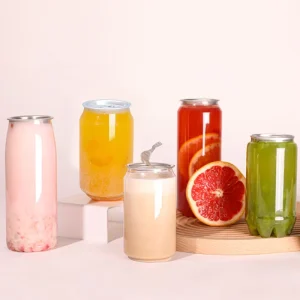 Custom Logo PET Plastic Cans Lucency Jars Easy Open 330ml 250ml with Aluminium Lid for Juice Soda Bubble Tea Beverages