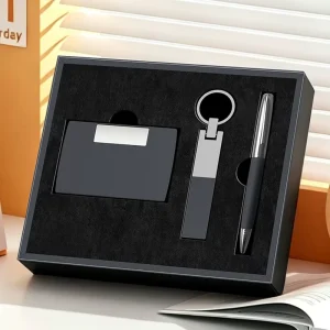 Custom Logo PU Leather Keychain Card Holder with Pen Set Welcome Gifts