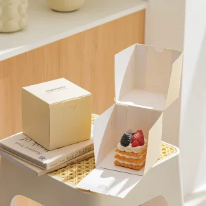 Custom Logo Printed Cream White Paper Cake Packaging Box Clear Window Pastry Mousse Gift Box with Paper Bag