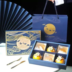 Custom Logo Printed Luxury Dark Blue Mid Autumn Mooncake Paper Box 6 Grid Divider Pastry Gift Box Set with Paper Bag Bulk Sale