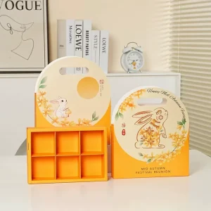 Custom Logo Printed Luxury Orange Mid Autumn Mooncake Paper Box 6 Grid Divider Pastry Gift Box with Handle Bulk Packaging Bulk