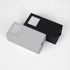 Custom Logo Recyclable Black & Silver Single Drawer Slide Out Gift Box with Label Patch for Watch Jewelry Pull-out Packaging