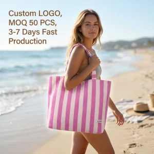 Custom Logo Striped Terry Cloth Beach Bag Towel Fabric Women’s Shoulder Bag Tote MOQ 50pcs 3 7 Days Fast Production Handbags
