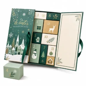 Custom Luxury 24 Day Advent Calendar Empty Drawer Box Green Book Shaped Magnetic Rigid Cardboard Winter Christmas Countdown Gift