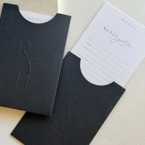 Custom Luxury Beige Eco friendly Art Paper & Cardboard Pocket Envelope Convex Embossed Black Envelopes Wedding Invitation