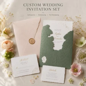 Custom Luxury Debossed Wedding Invitation Set Vintage Greenery Landscape Card with Gold Foil Names & Matching RSV