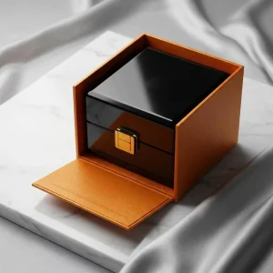 Custom Luxury Double Door Orange Leather Gift Box Gloss Black Wooden Watch Jewelry Box for Brand
