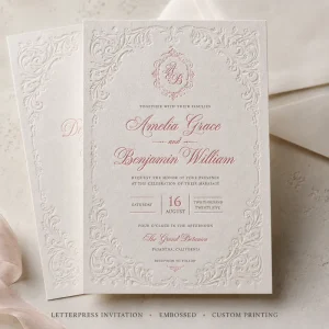 Custom Luxury Embossed Wedding Invitation Suite Ornate Victorian Frame Invitation with Letterpress Printing