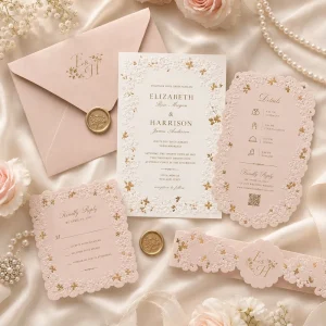 Custom Luxury Floral Wedding Invitation Suite with Embossed Details, Gold Foil Printing and Elegant Envelope Set