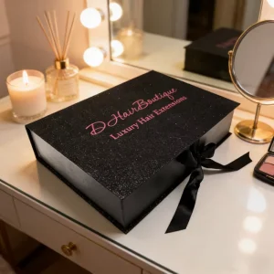 Custom Luxury Glitter Paper Flip Top Gift Box with Ribbon and Foam Insert for Hair Extensions Packaging