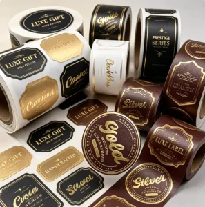 Custom Luxury Gold Foil Stickers Roll Waterproof Personal Embossed Labels for Gift Box Packaging Wedding Business Brand Logo OEM