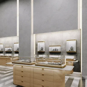 Custom Luxury Gold Plate Metal & Stainless Steel Glass Jewelry Display Cabinet with LED Lighting and Showcase Stand