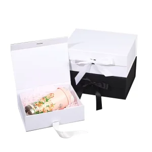 Custom Luxury High-End Wedding Gift Box Creative Handmade Rigid Cardboard Foldable Paper Cosmetics Packaging Boxes with Ribbon