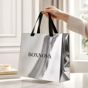 Custom Luxury Silver Mirror Metallic Paper Shopping Bag Black Satin Ribbon Handle Logo for Jewelry Cosmetic Clothing Gift