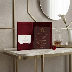 Custom Luxury Velvet Wedding Invitation Card with Acrylic Insert, Elegant Red Velvet Invitation Set