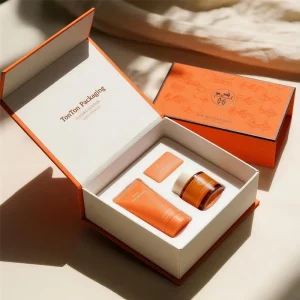 Custom Magnetic Orange Paper Gift Box for Skincare Set, Custom Size