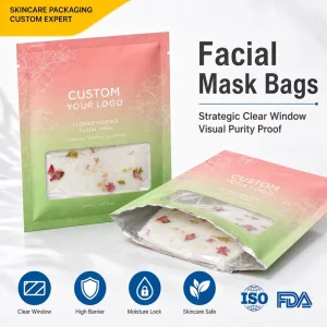 Custom Mask Bag with Clear Window Sheet Mask Pouch 3 Side Seal Packaging for Skincare Display Botanical Flower Mask