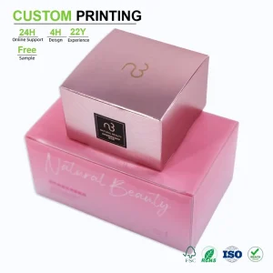 Custom Matte Pink Printed Paperboard Box with Metallic Sunburst Embossing for Beauty Cream Jar Cosmetics