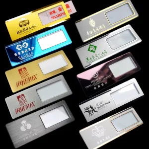 Custom Metal Reusable Name Badge Insert Card Silk Screen Printing Carved Laser Engraved Logo Electroplated Advertising