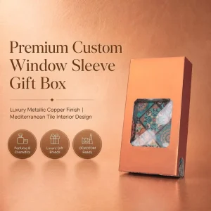 Custom Metallic Copper Window Sleeve Gift Box Satin Finish Display Window Tile Pattern Interior Perfume Candle Packaging
