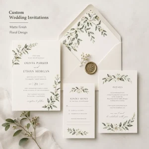 Custom Minimal Floral Wedding Invitation Cards Fresh Eucalyptus & Leaf Design with Matte Finish & Custom Printing
