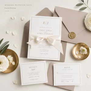 Custom Minimalist Luxury Wedding Invitation Set Bow-Tied Ivory Card with Taupe Envelope & Matching RSVP